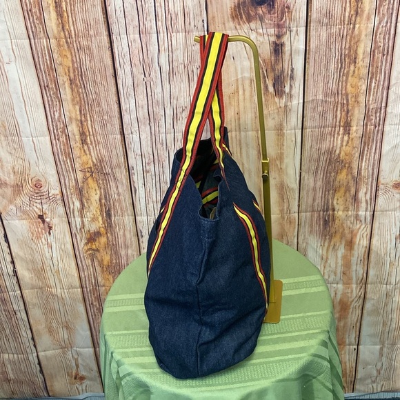 Old Navy-Blue Denim Tote Bag with Yellow-Red Straps and Red Logo - Picture 3 of 6